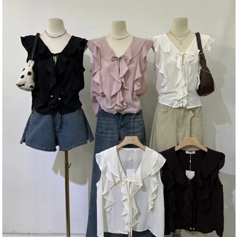 M2129 เสื้อแขนระบายแต่งระบายหน้า ดีเทลผูกโบว์สุดคิ้วท์