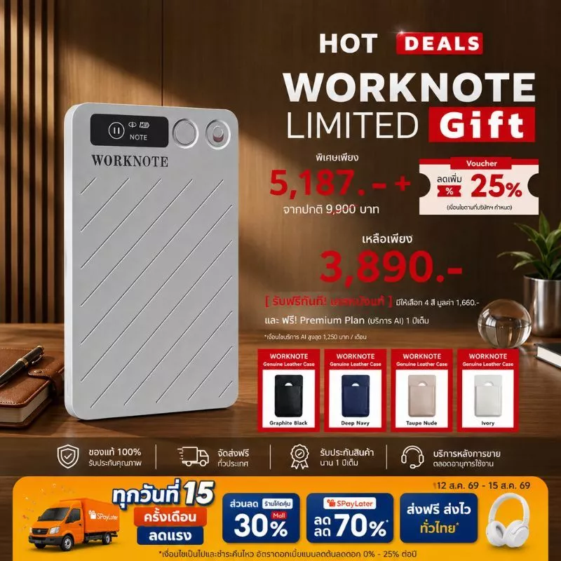 WORKNOTE Smart AI Recorder เครื่องบันทึกเสียง AI ถอดเสียงเป็นข้อความ 152 ภาษา แปลภาษาอัตโนมัติ 64GB ฟรี Max Transcriptio