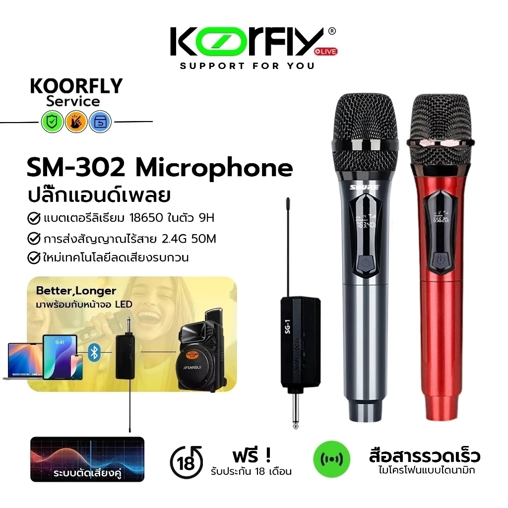 ไมโครโฟนไร้สาย 302 UHF 800MHZ ไมค์โครโฟน ไมโครโฟนมือถือ ชาร์จใหม่ได้ ไมโครโฟนไร้สาย ไมค์ลอยแบบพกพา ไ