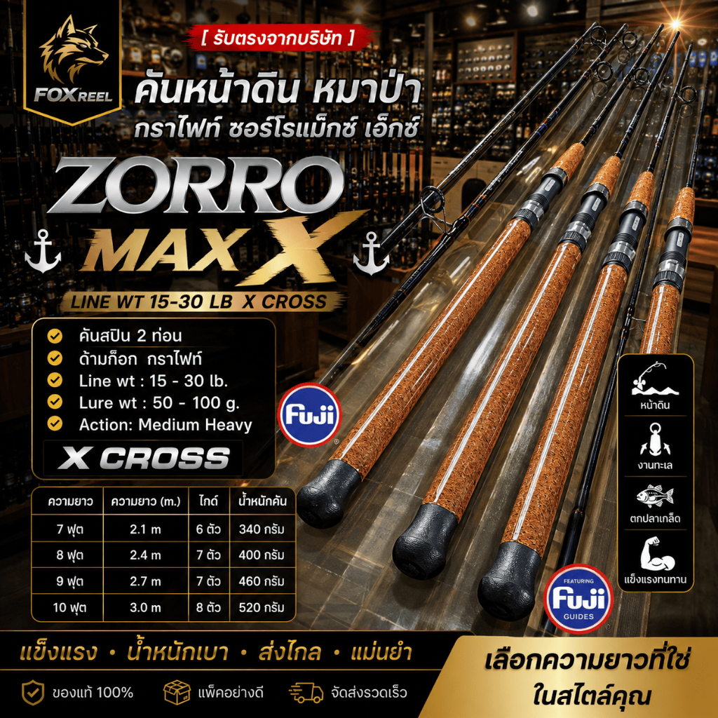 [ รับตรงจากบริษัท ] คันหน้าดิน FOX REEL ZORRO MAX X หมาป่ากราไฟท์ X-Cross 15-30LB 50-100G Action MH 7-10 ฟุต