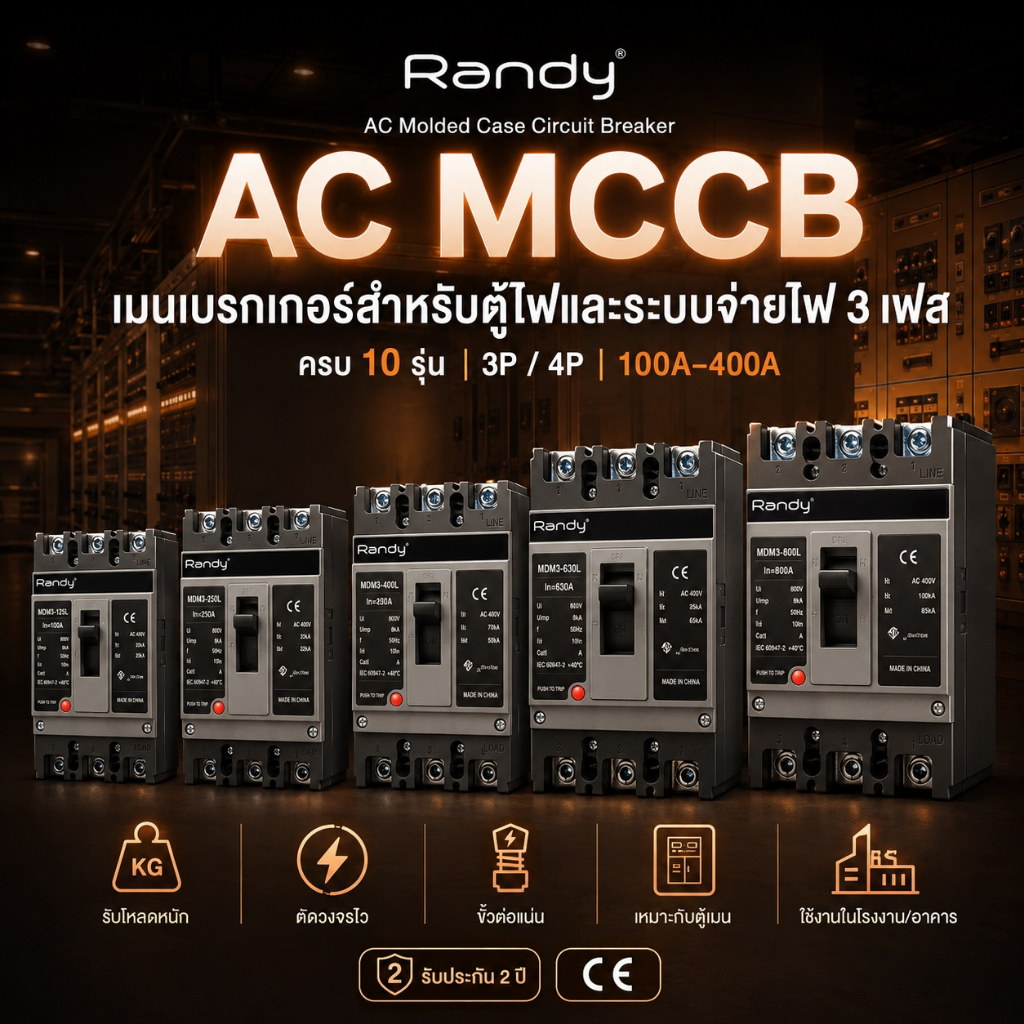 RANDY เบรกเกอร์ MCCB AC 3เฟส 3P 4P 100A-400A เมนตู้ไฟ MDB ตัดวงจรไว ขั้วแน่น งานช่าง รับประกัน 2 ปี!