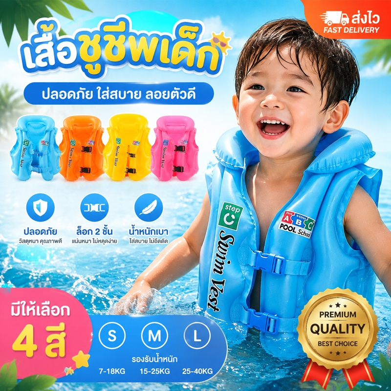 เสื้อกั๊กชูชีพเด็กแบบเป่าลม ทำจากวัสดุ PVC โฟมว่ายน้ำเด็ก สำหรับฝึกว่ายน้ำลูกน้อย ป้องกันพลิกคว่ำ
