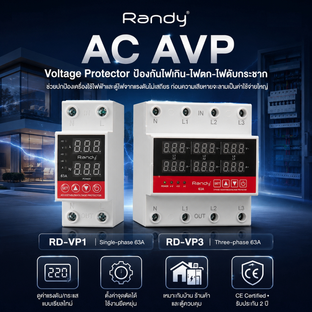 RANDY AVP เครื่องป้องกันไฟตกไฟเกิน 63A 1เฟส 3เฟส ป้องกันกระแสเกิน ตัดไฟอัตโนมัติ ตั้งค่าได้ พร้อมติดตั้ง