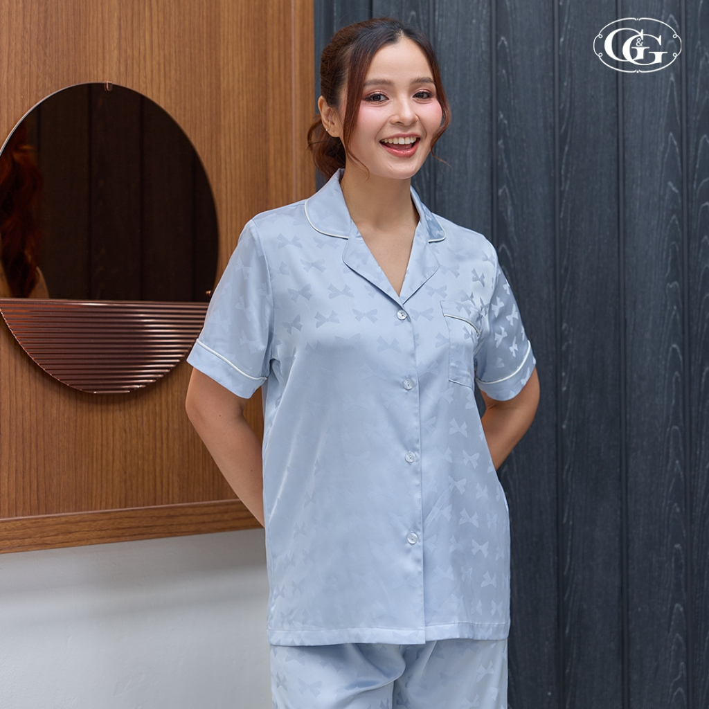 G&G ชุดนอนซาติน เสื้อคอปก กางเกงขายาว ลายBaby Ribbon EN4S011
