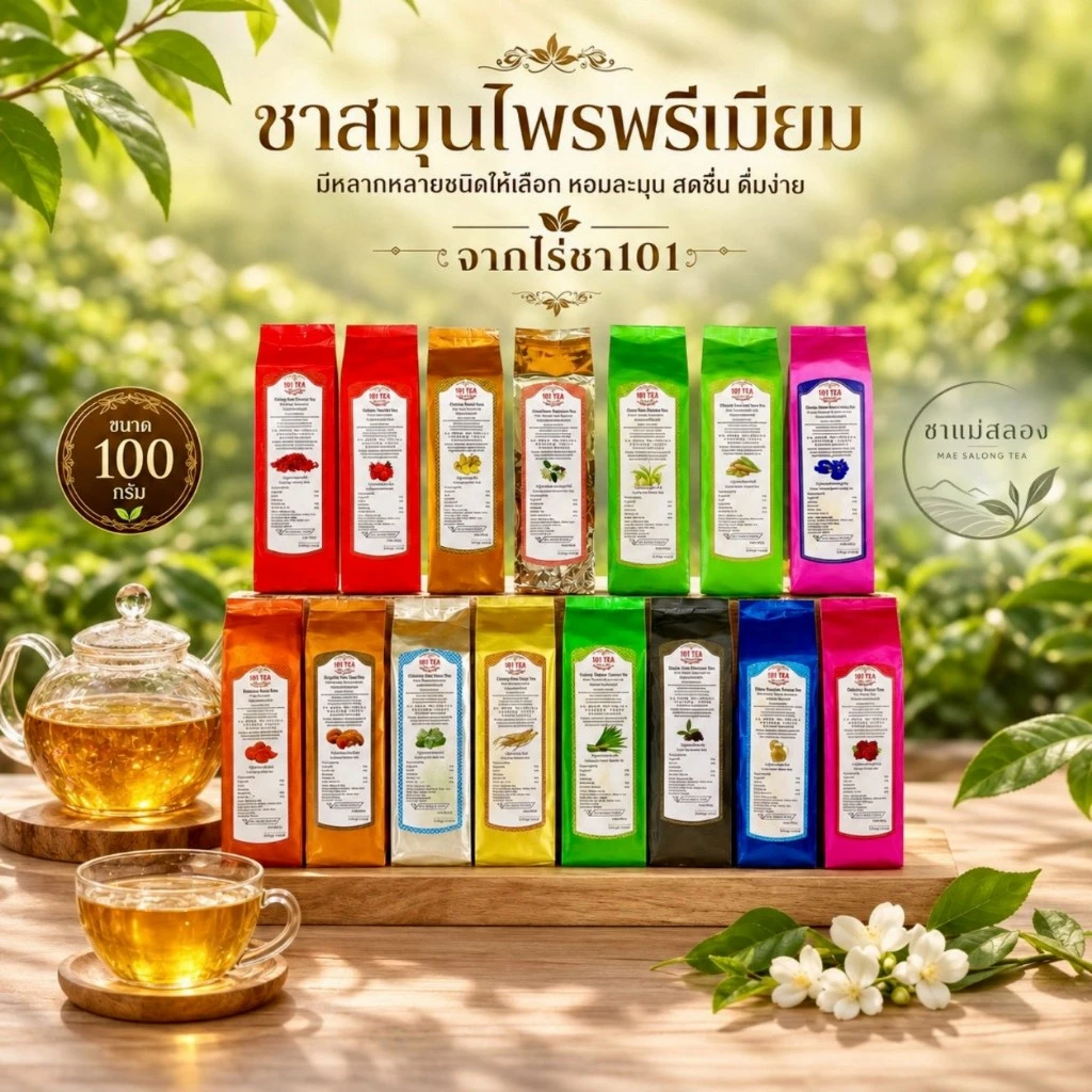 ชาผสมสมุนไพรไร่ชา101 ใบชาผสมสมุนไพรหลากหลายชนิด ใบชาคุณภาพดีจากยอดดอยแม่สลอง ใบชาOrganic ขนาด100กรัม