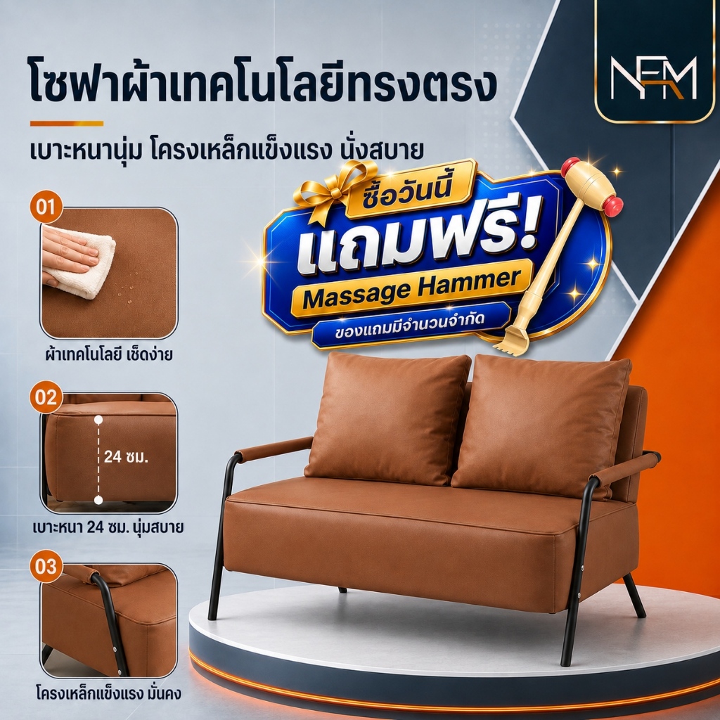NestFil โซฟา 1/2/3 ที่นั่ง 3 สี ผ้ากันน้ำ สไตน์นอร์ดิก มาพร้อมหมอนอิงเข้าเซต 2 ใบ