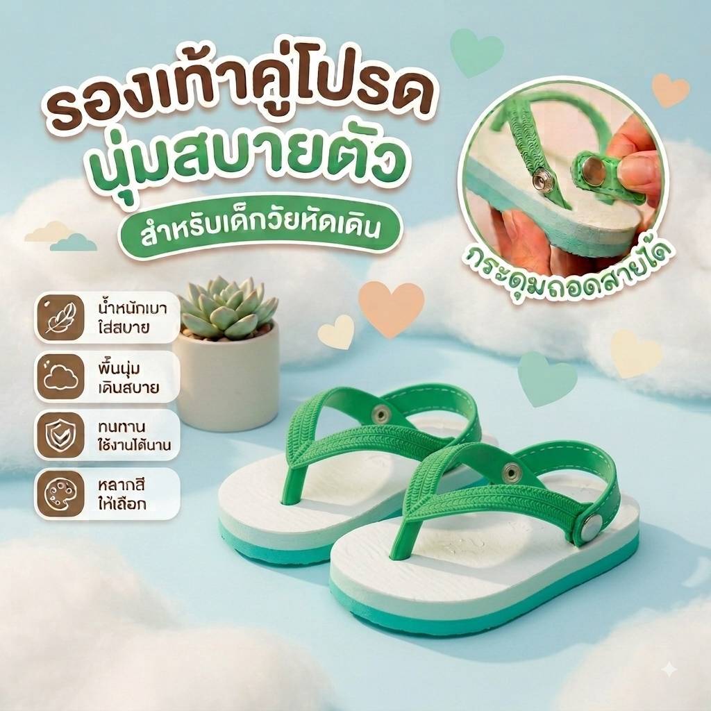 รองเท้าแตะเด็ก สไตล์ช้างดาว สีเขียว (รัดส้นรุ่นกระดุม ถอดสายได้)