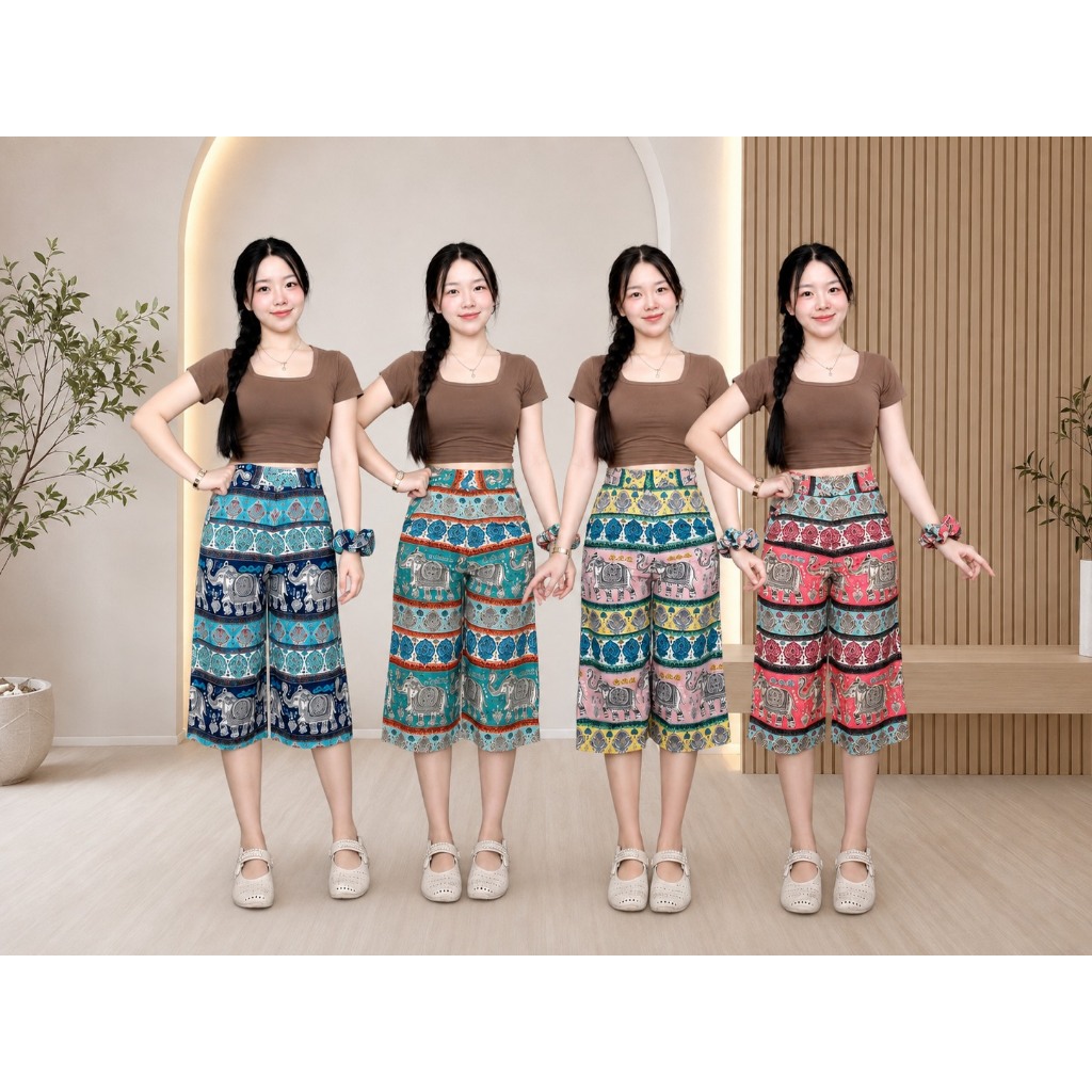 2Sisters. กางเกงช้าง **5ส่วนความยาว29นิ้ว** S-5XL ผ้าไหมอิตาลีพิมพ์ลายช้าง