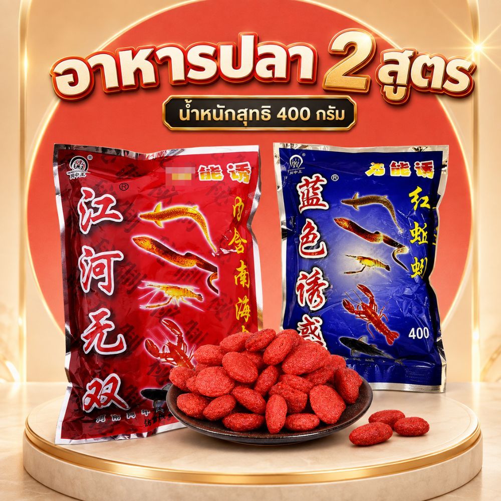 (มี2แบบให้เลือก) เหยื่อปลา-กุ้ง อาหารปลา เหยื่อล่อปลา เหยื่อดักกุ้ง เม็ดสีแดง (400กรัม ห่อใหญ่)
