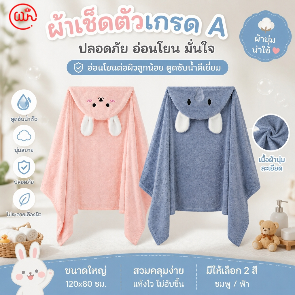 【WH】ผ้าเช็ดตัวเด็ก ลายการ์ตูน ผ้าคลุมอาบน้ำเด็ก มีหมวก ผ้าขนหนูนุ่มพิเศษ ซับน้ำดี ไม่ระคายเคืองผิว สำหรับเด็กทารก