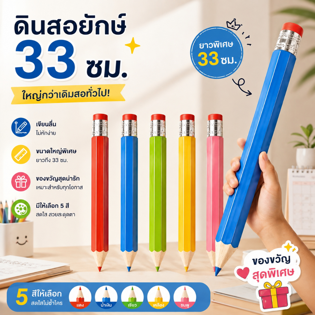 ดินสอไม้ขนาดยักษ์ยาว 33 เซนติเมตร ด้ามจับถนัดมือ ลากเส้นเขียนลื่น ดีไซน์คลาสสิก เหมาะใช้ที่บ้านและโรงเรียน