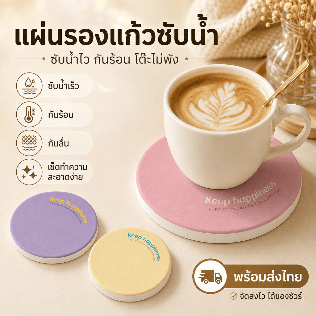 แผ่นรองแก้วซับน้ำ แห้งเร็ว กันลื่น ที่รองแก้วกาแฟ กันโต๊ะเปียก ใช้ในบ้านและออฟฟิศ พร้อมส่งไทย คุ้มค่า ทนทาน ใช้ง่ายดีมาก