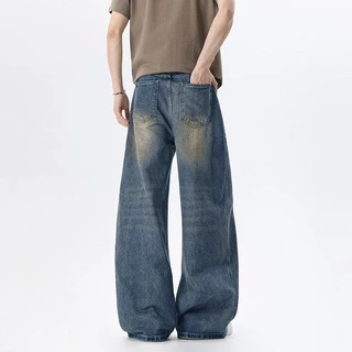 S-5XL Baggy กางเกงยีนส์ผู้ชาย สไตล์เกาหลี ทรงหลวม ขากว้าง สไตล์เรโทร ฟอกสีตามเทรนด์แฟชั่น