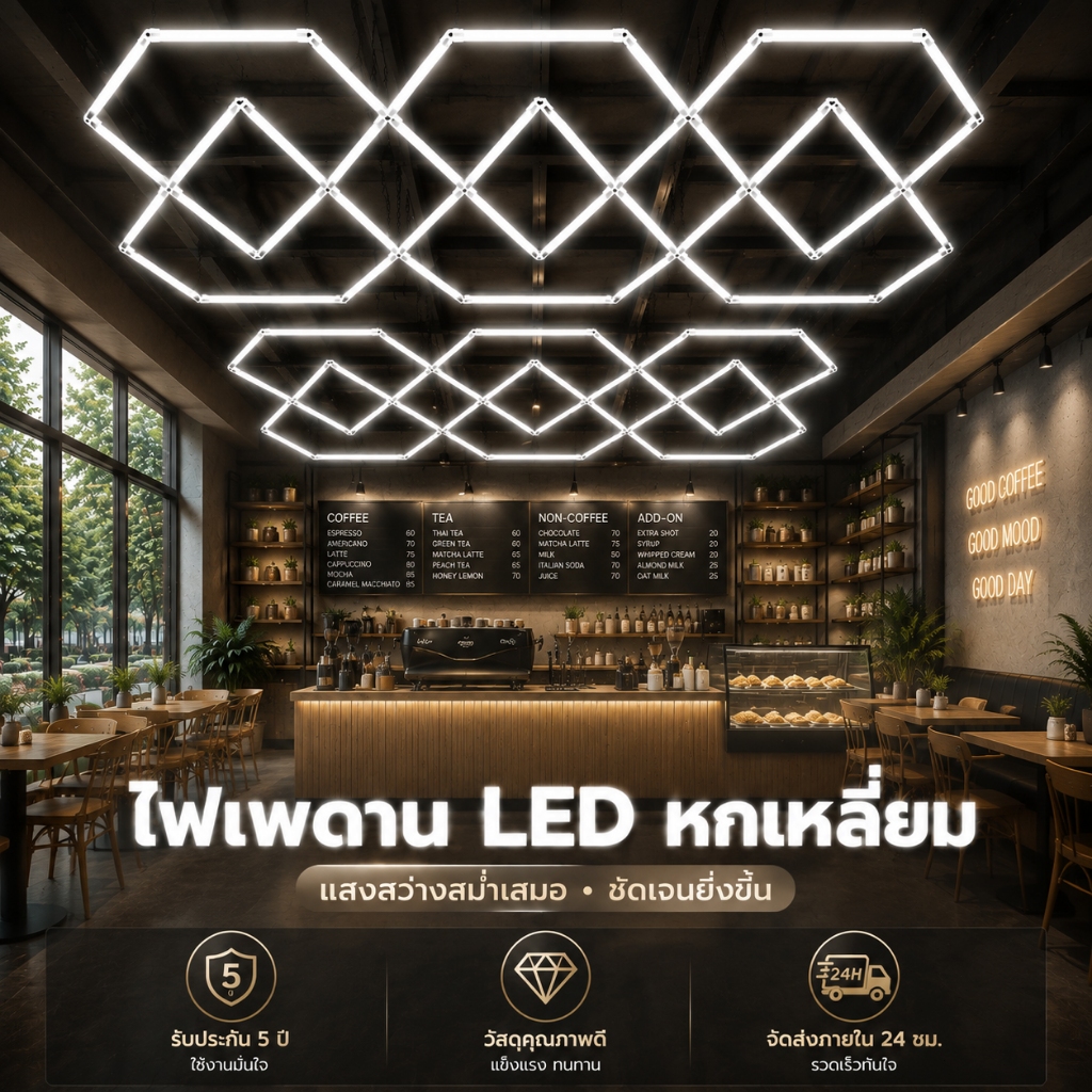 Hexagon LED Garage Light ไฟรังผึ้งหกเหลี่ยม LED ไฟเพดาน DIY ไฟตกแต่งร้านค้า ร้านล้างรถ สตูดิโอ ความสว่างสูง ประหยัดไฟ