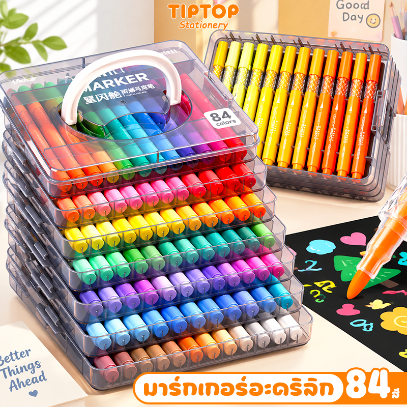 ปากกามาร์กเกอร์อะคริลิกหัวนุ่ม 84 สี แบบจ่ายหมึกตรง สีสด ไม่ซึมกระดาษ ล้างออกได้ สำหรับเด็ก นักเรียน วาดรูป ระบายสี DIY