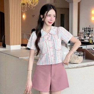 V1[S-XXL] เสื้อครอปคอบัวเล็กน่ารักแต่งกุ้นนูน