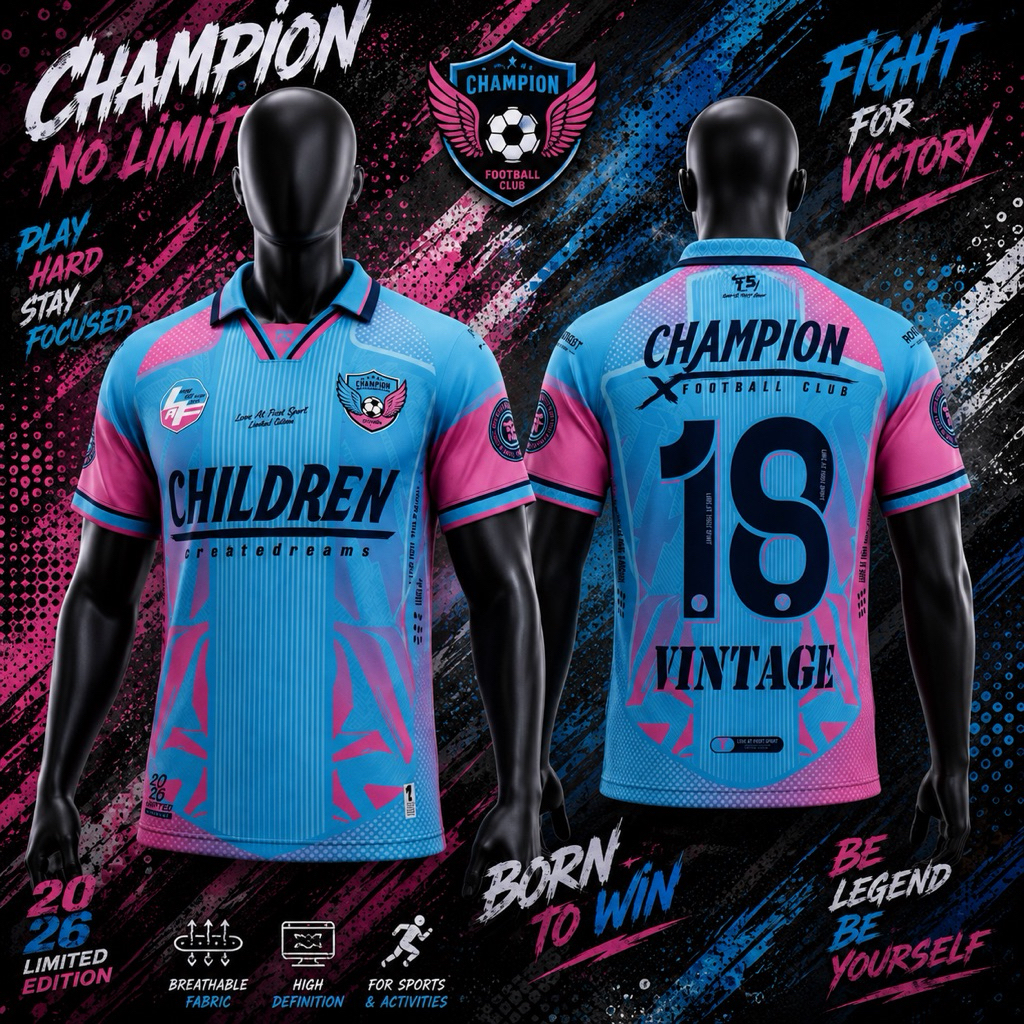 เสื้อกีฬาพิมพ์ลาย คอปกวินเทจ สีฟ้าชมพู ผ้าดาวกระจาย ทีม CHAMPION