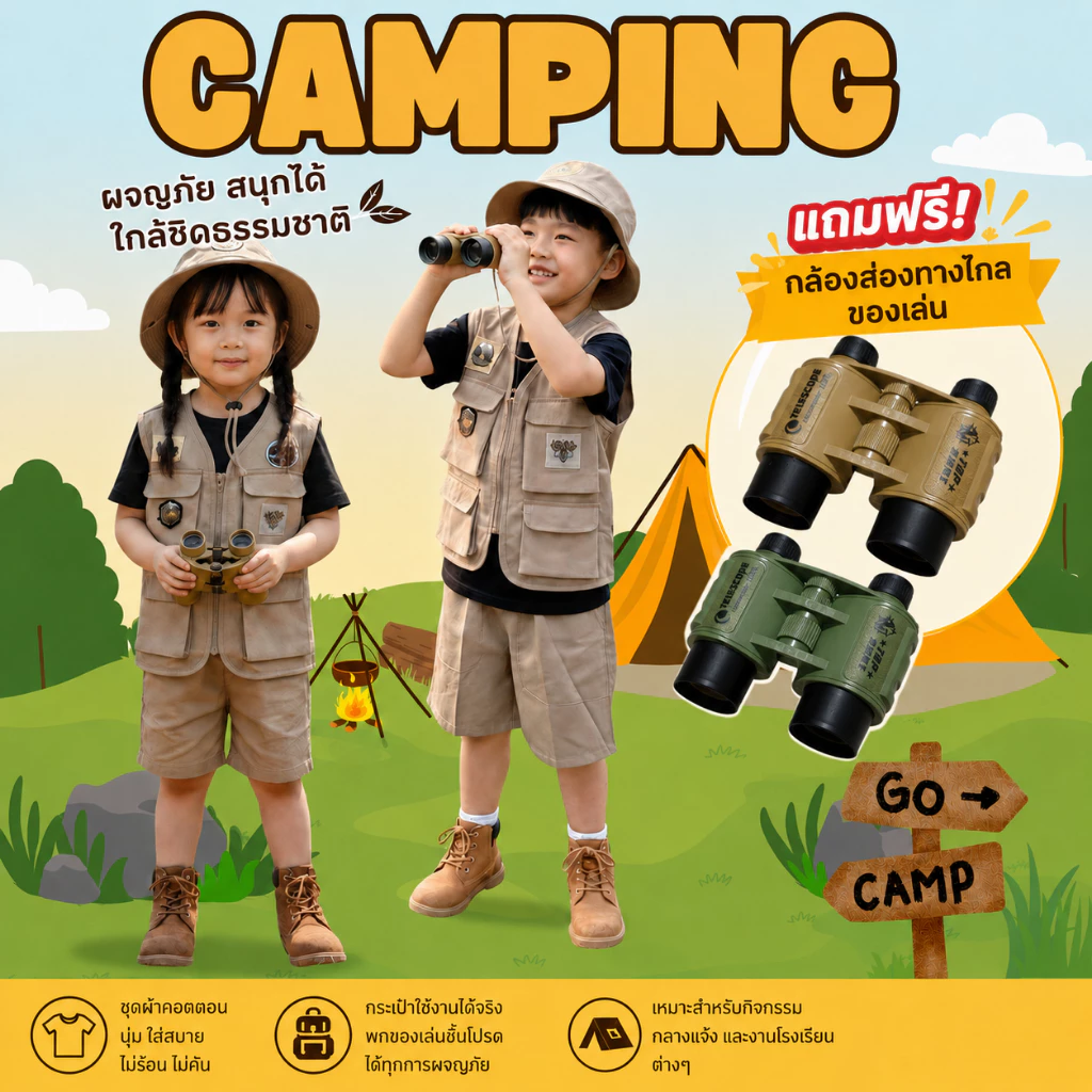 [Pre-oreder ส่งได้เดือน 9] ชุดเดินป่า ชุดแค้มปิ้งเด็ก (Camping) แถมของเล่นกล้องส่องทางไกล เสื้อกั๊กเดินป่า ชุดซาฟารีเด็ก