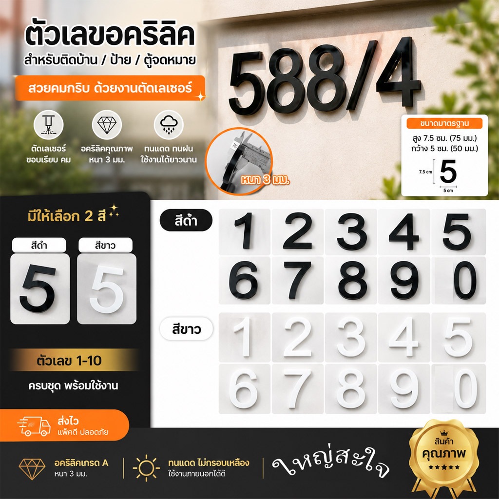 ตัวเลขอะคริลิคสีดำหนา ขนาด 7.5*5 ซม. สีดำและขาว