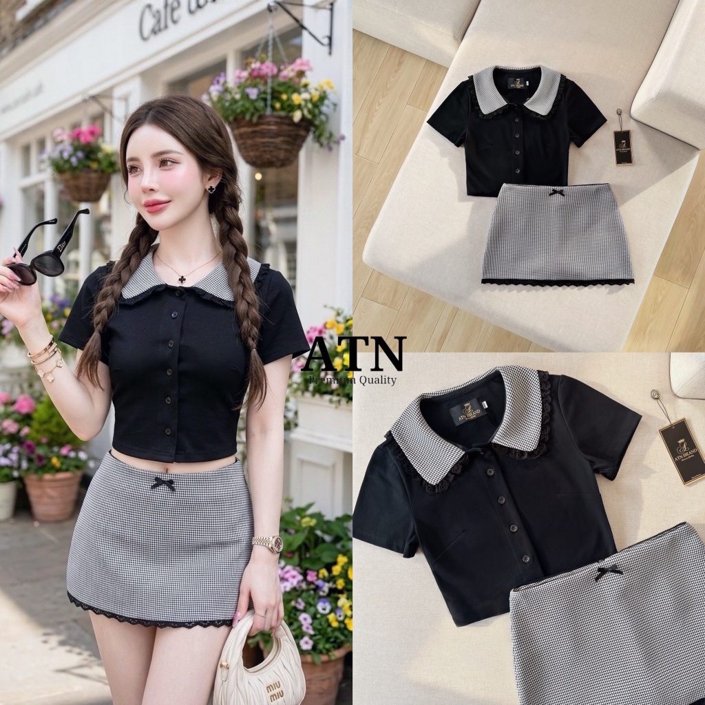 ATN set เสื้อคอปกแต่งลูกไม้++กระโปรงเอวต่ำ