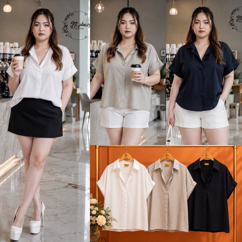 /BT/ เสื้อเชิ้ตคอวีทรงสวย มีไซส์อก40-52 แต่งแขนพับ ทรงปล่อย ใส่สบาย #เสื้อผ้าสาวอวบอ้วน พลัสไซส์