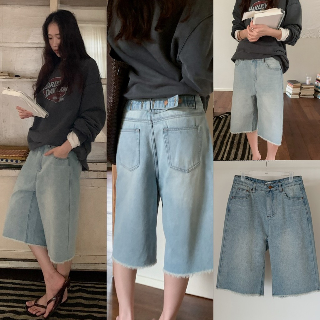 I4134 Light Wash Fringed Bermudas กางเกงยีนส์เดนิมสีฟอกสว่าง ใส่สบาย แฟชั่นเกาหลี TAG In by In