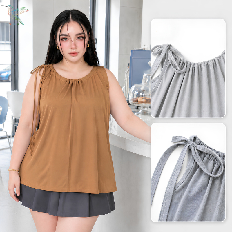 HMB® เสื้อสายเดี่ยว แขนกุด สาวอวบ คอจับจีบ ดีเทลผูกโบว์ไหล่ ทรงหลวม ผ้าร่อง เนื้อผ้านิ่ม แมทช์ง่าย ส