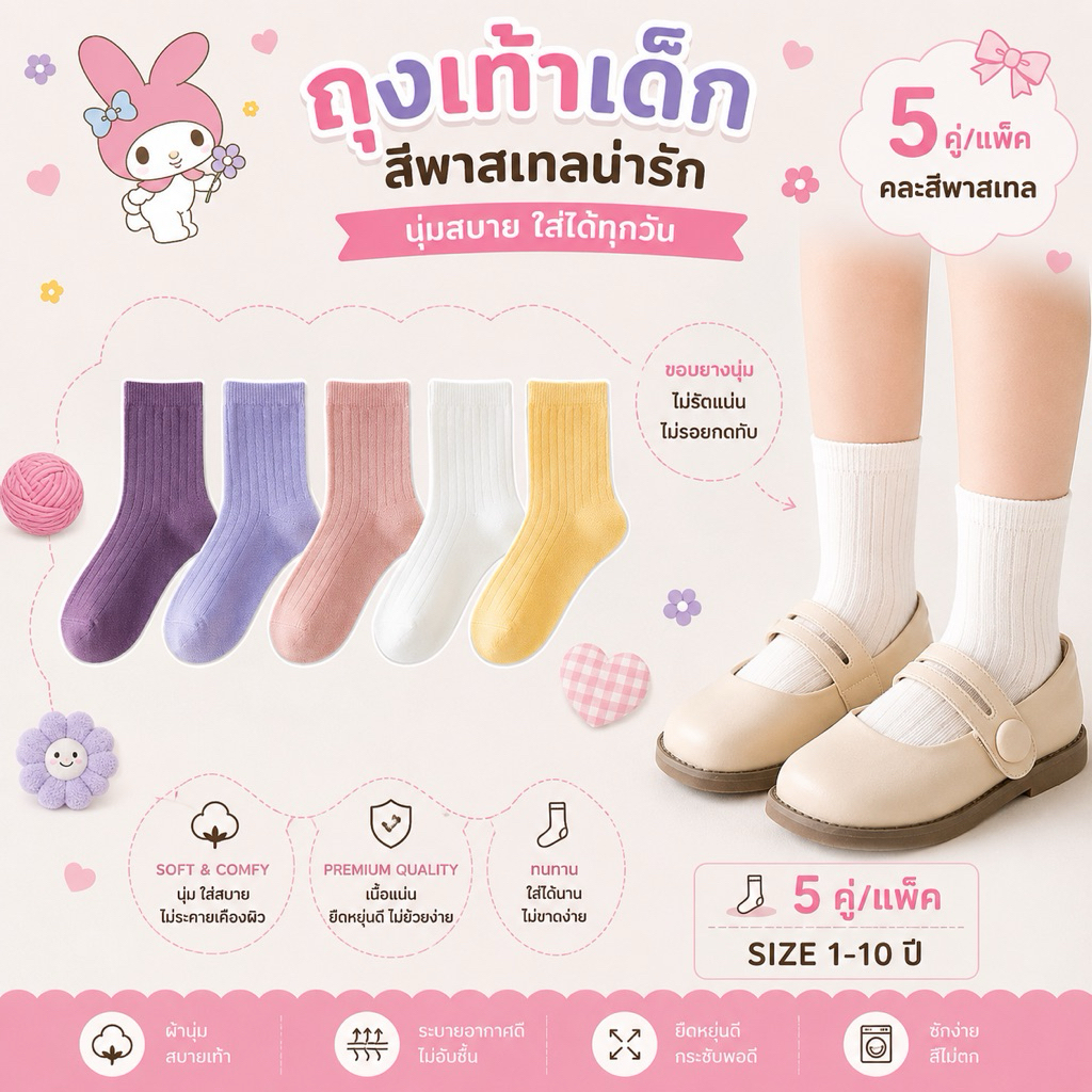 (ส่งด่วน กทม.) ถุงเท้าข้อกลาง ผ้านิ่ม เกรดพรีเมี่ยม สีพื้น (รุ่นซอฟท์สวีท) แพ็คสุดคุ้ม!! QH362 พร้อมส่ง