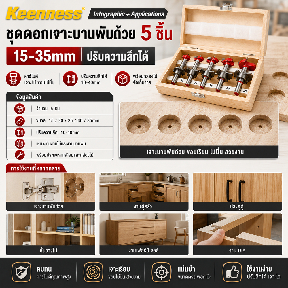 ชุดดอกเราเตอร์ 1 ชุด 5 Pcs เซาะร่องไม้และอลูมิเนียม ดอกสีแดง