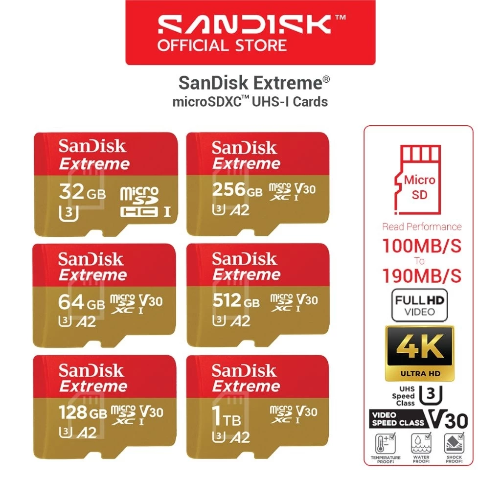 SANDISK EXTREME Micro SD Card 128GB 64GB 32GB SDXC A2 U3 190/90mb/s* (SDSQXAH) Memory for gopro