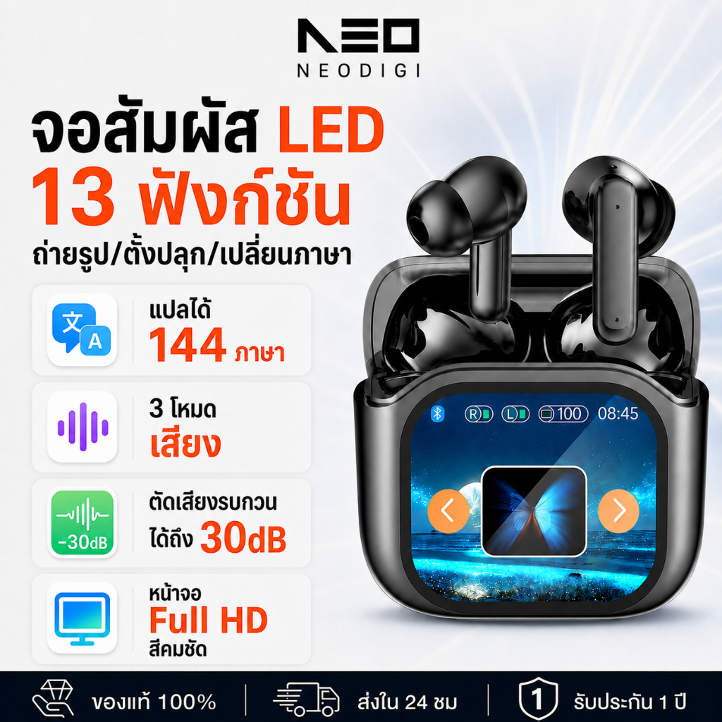NEODIGI หูฟังแปลภาษา AI เรียลไทม์  มีหน้าจอ LED สัมผัส จอแสดงผลอัจฉริยะ รองรับการแปลวิดีโอ เสียง HiFi สเตอริโอ