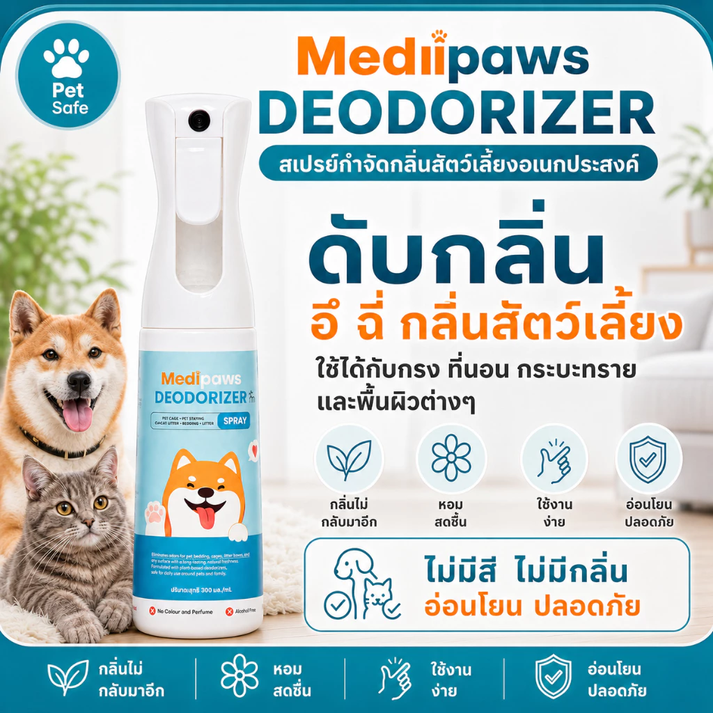Medipaws สเปรย์ทำความสะอาด กำจัดกลิ่นสัตว์เลี้ยง อเนกประสงค์ น้ำยา ฆ่าเชื้อโรค ดับกลิ่นฉี่ หมา แมว