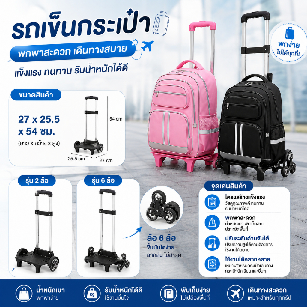 รถเข็น ล้อลากกระเป๋านักเรียน วัสดุอลูมิเนียม PP มีทั้ง 2 ล้อและ 6 ล้อ คันชักปรับ 2ระดับ ไต่บันไดขึ้นเนินได้