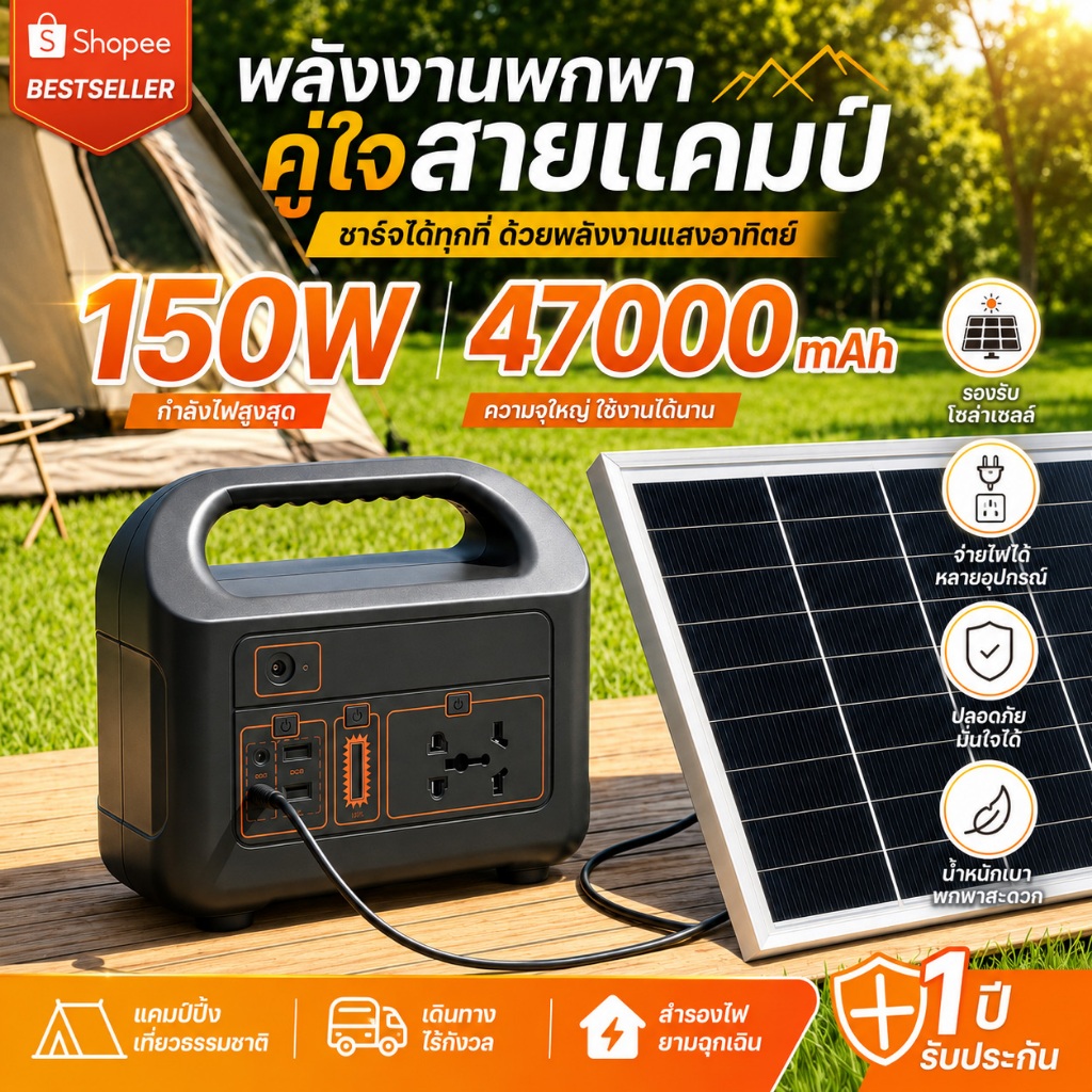 สถานีพลังงานแบบพกพา 200W Portable Power Station แหล่งจ่ายไฟแบบพกพา ไฟโซล่าเซลล์และแผงโซล่าเซลล์ 220V รับประกัน 5 ปี