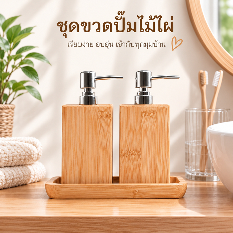 ขวดสบู่เหลว(ลายไม้) ขวดปั๊มสบู่ไม้ไผ่ ดีไซน์มินิมอล พร้อมถาดรอง กันน้ำ แข็งแรง สวยหรู ขวดปั๊มสบู่เหลวไม้ไผ่ธรรมชาติ