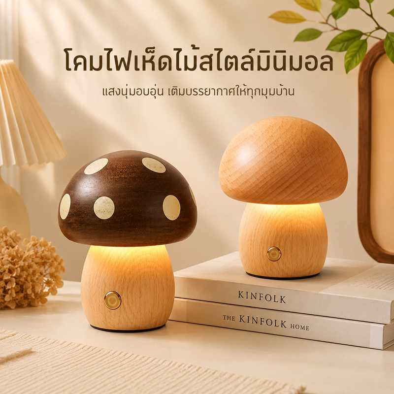 โคมไฟเห็ด มินิมอล แสงอบอุ่น ปุ่มสัมผัส โคมไฟตั้งโต๊ะ โคมไฟตั้งโต๊ะดีไซน์เห็ด ไม้จริง ของแต่งบ้าน