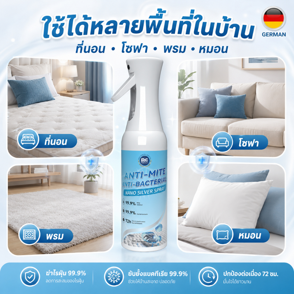 สเปรย์กำจัดไรฝุ่นและยับยั้งแบคทีเรีย 500ml Nano Silver ใช้กับที่นอน โซฟา หมอน พรม ปกป้อง 72 ชม.