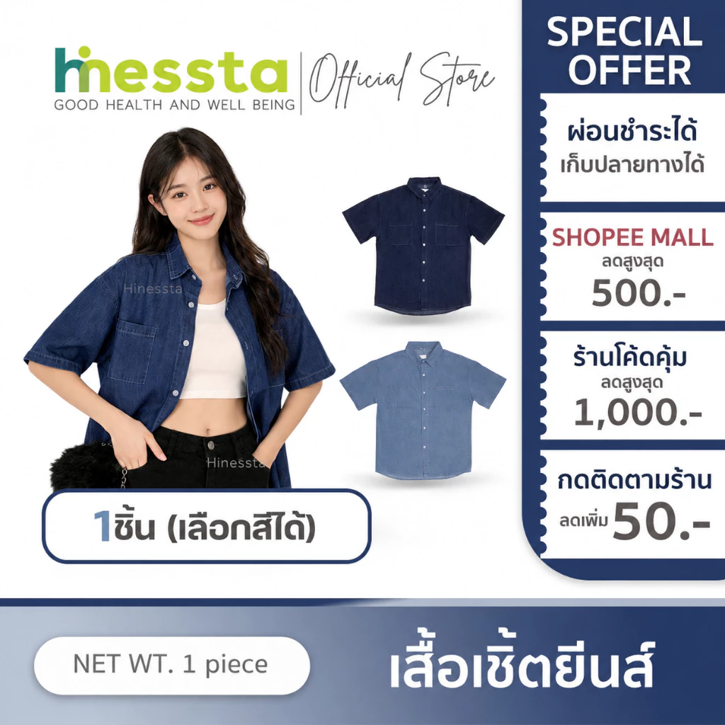 Hinessta Denim Shirt เสื้อยีนส์ แขนสั้น คอปก เสื้อเชิ้ต กระเป๋าหน้า ใส่ทำงาน ลำลอง แฟชั่น สไตล์เกาหลี