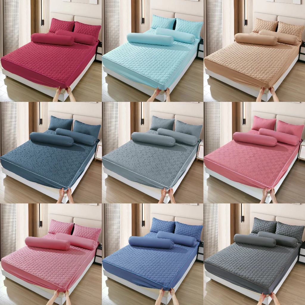 ผ้าปูที่นอนครบชุดสีพื้น ผ้าปูที่นอน,ปลอกหมอน,ปลอกหมอนข้าง เสริมใยนุ่ม กันไรฝุ่น ยางรัดมุม360องศา หนา12นิ้ว