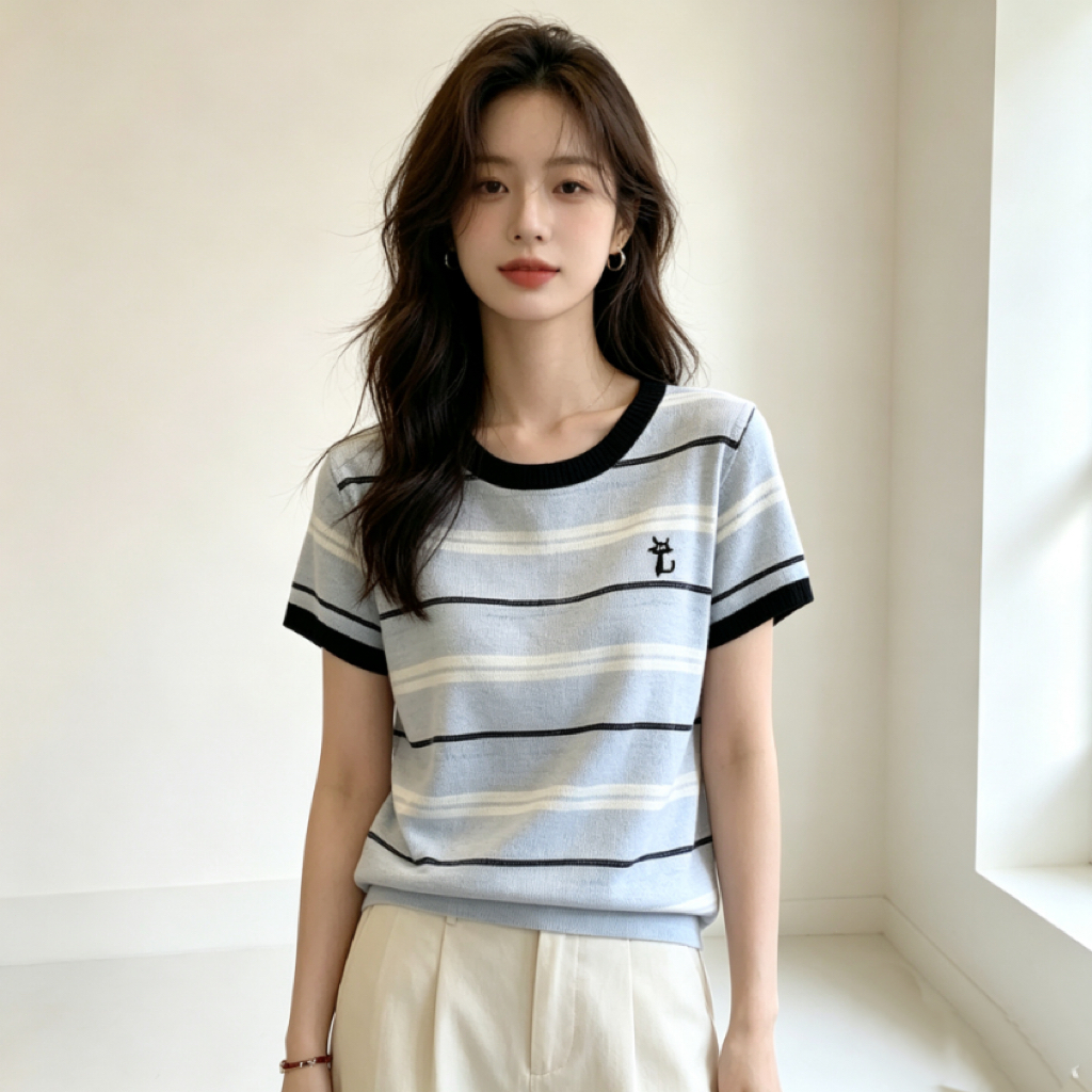 เสื้อยืดแขนสั้นผู้หญิงสไตล์เกาหลี ลายแมวน่ารักเก๋ไก๋ – เสื้อลายทางสลับสีคอลเลกชันใหม่รับซัมเมอร์