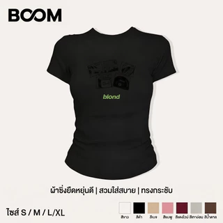 เสื้อเบบี้ที baby tee Y2K สไตล์เกาหลี ผู้หญิง พิมพ์ลายแผ่นเสียงอัลบั้มข้อความภาษาอังกฤษ แขนสั้น ทรงกระชับ แสดงรูปร่าง