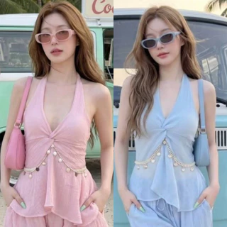 🔥aimorn_shop🔥(ขายแยกชิ้น)เสื้อคล้องคอ ชายแต่งเปลือกหอย เซ็กซี่รับซัมเมอร์สุดดๆ