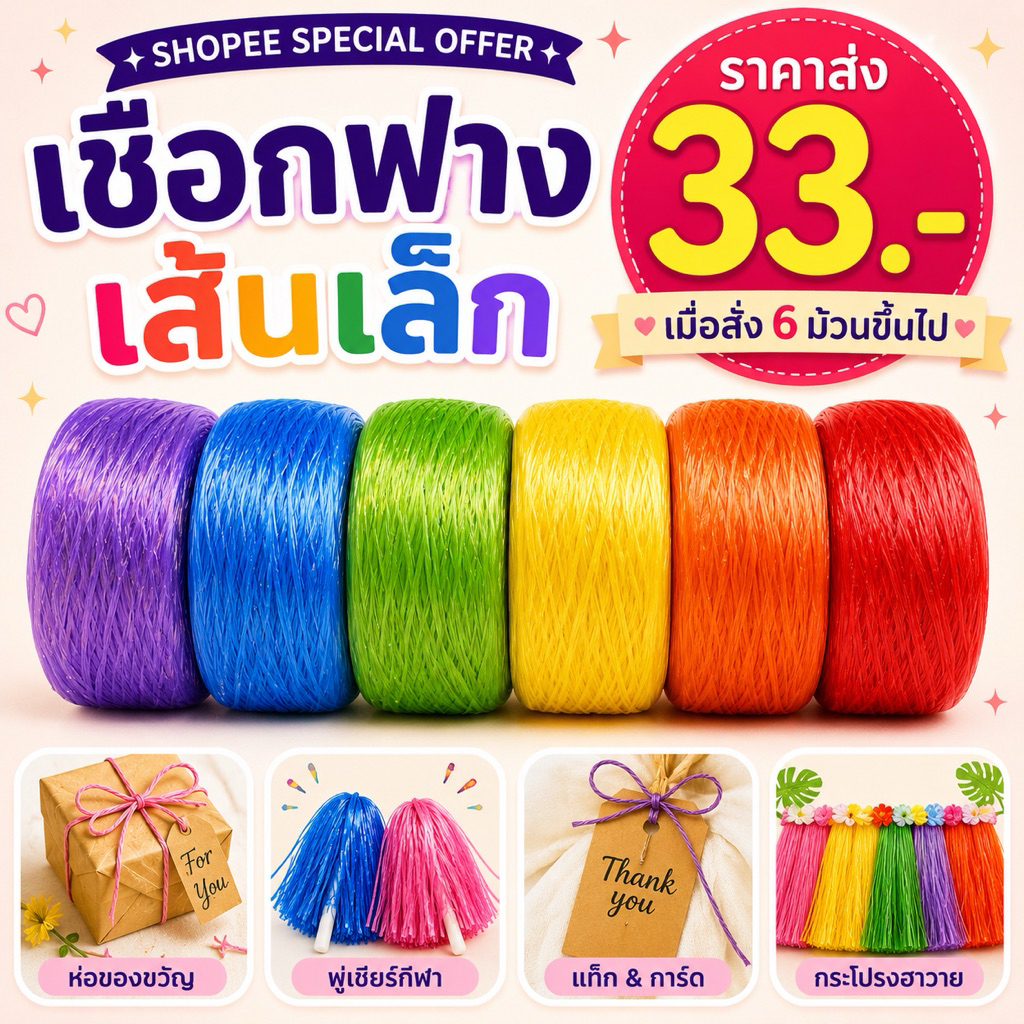 (พร้อมส่ง) เชือกฟางเส้นเล็ก กว้าง 1.7 นิ้ว เกรด A คุณภาพดี เหนียว ทน สีสด หนัก 200 กรัม/ม้วน