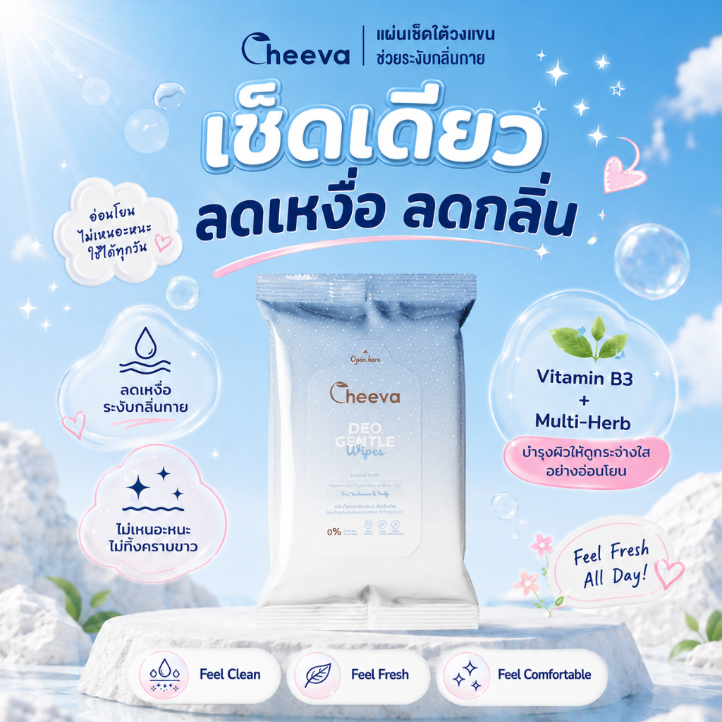 ทิชชู่เปียกเช็ดรักแร้ Cheeva Deo Gentle Wipes ระงับกลิ่นกาย ลดเหงื่อ พกพาง่าย