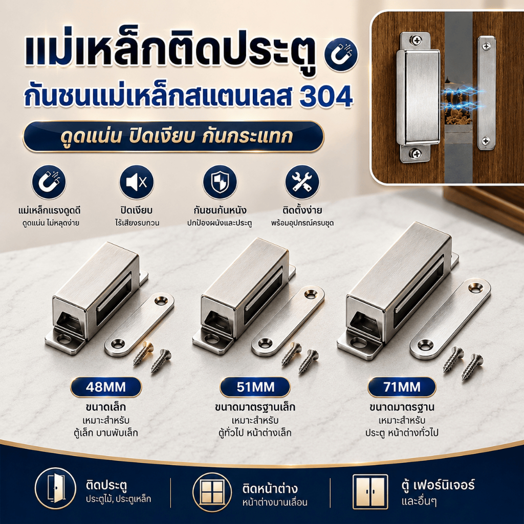 กันชนแม่เหล็ก รุ่นสแตนเลส มี 4 ขนาด Door magnet แม่เหล็กติดประตู ชุด แถมน็อต แม่เหล็กติดบานประตู
