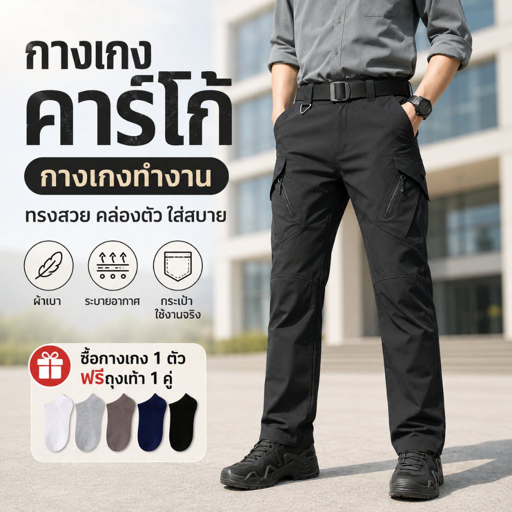 กางเกงคาร์โก้ผู้ชาย กางเกงทำงาน ผ้าเบา ระบายอากาศ ยืดหยุ่น ใส่สบาย กระเป๋าเยอะ ระบายอากาศ ใส่สบายทุกวัน
