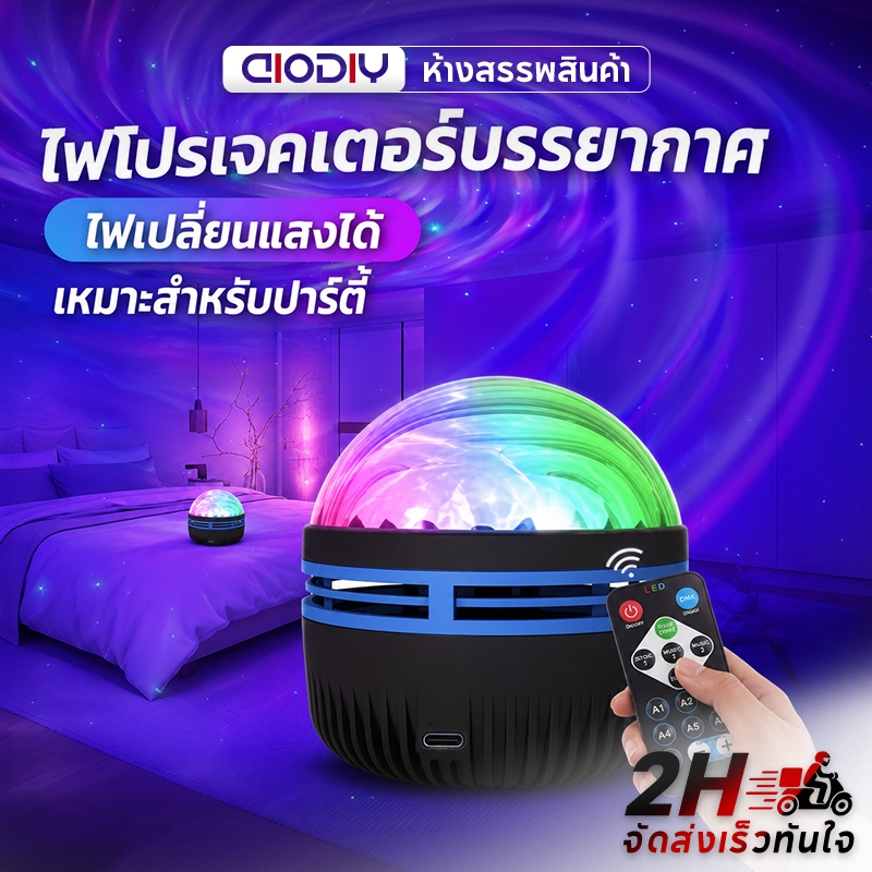 AIODIY โคมไฟโปรเจคเตอร์ออโรร่า ไฟลายน้ำ สร้างบรรยากาศ ไฟตกแต่งห้องนอน/ปาร์ตี้ แบบเสียบปลั๊ก พร้อมรีโมทคอนโทรล