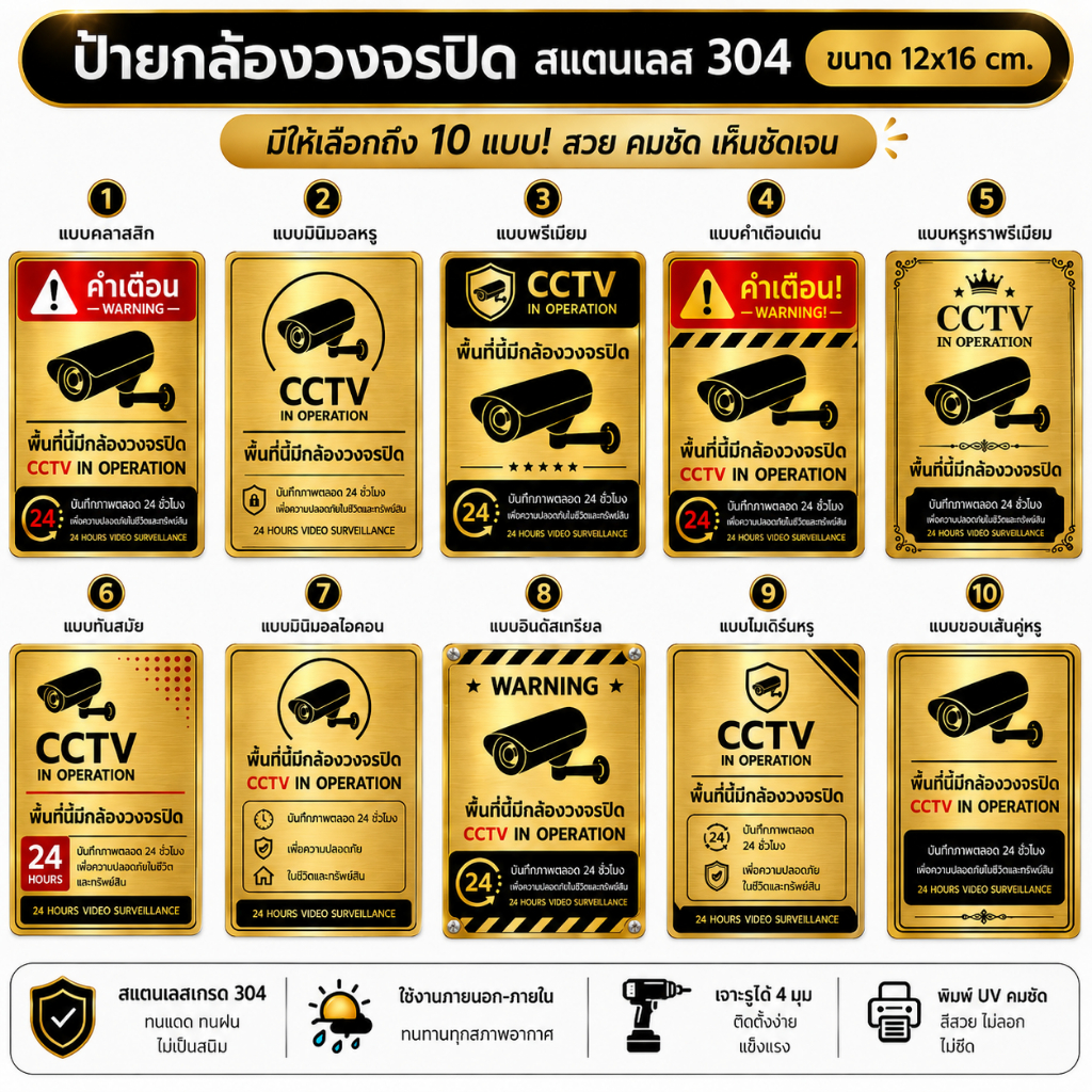 ป้ายกล้องวงจรปิด CCTV สแตนเลส 304 ขนาด 12x16 ซม. ป้ายเตือนมีกล้องวงจรปิด พิมพ์ UV ทนแดด ทนฝน