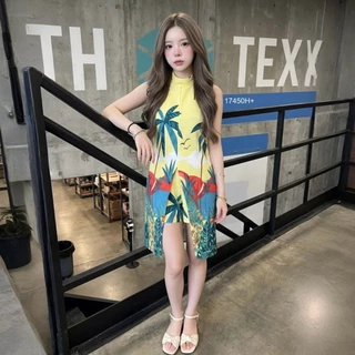 Set 2 ชิ้น เสื้อแขนกุดตัวยาว ผ่าหน้า พิมลาย + กางเกงขาสั้นพิม TT17450