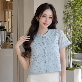 [S-4XL] เสื้อลูกไม้ตัวสั้นปกลูกไม้สองชั้นผ้าปักฉลุมีซับใน